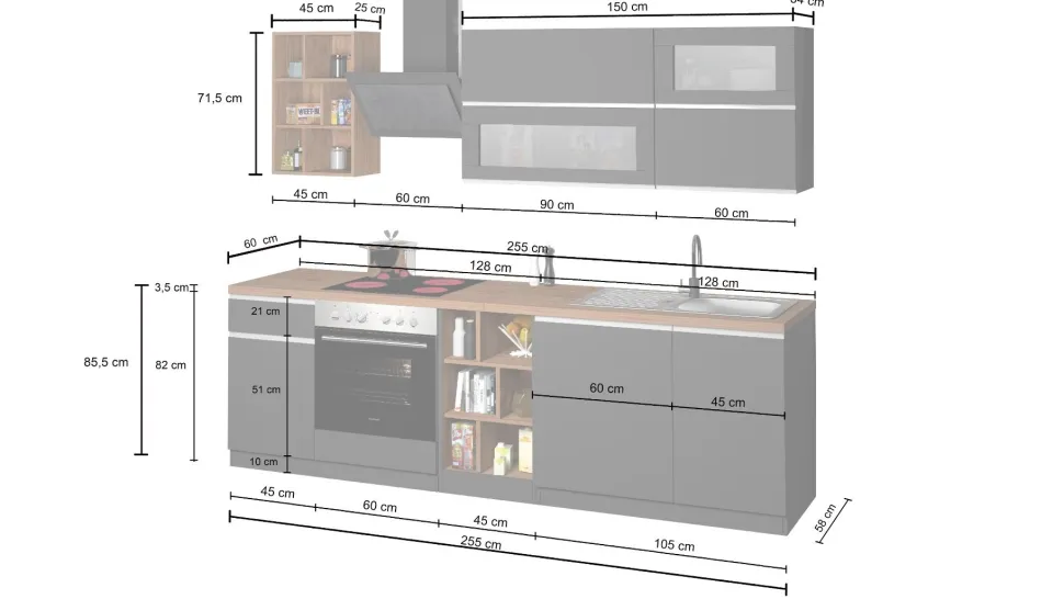 Cucina lineare moderna con maniglie a incasso in allumino Luis in finitura Antracite Opaco e Ardesia