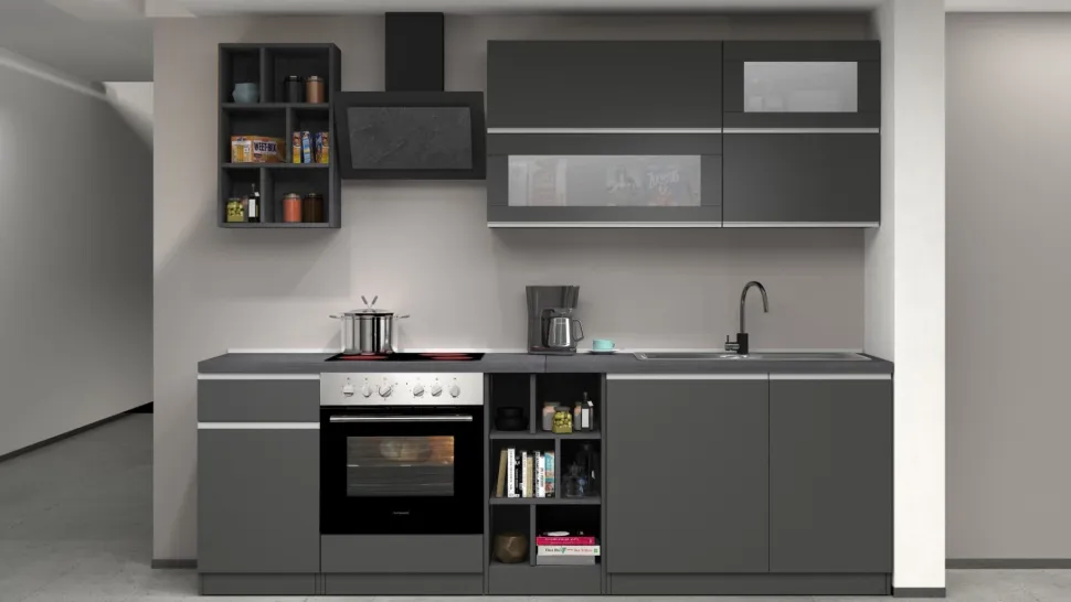 Cucina lineare moderna con maniglie a incasso in allumino Luis in finitura Antracite Opaco e Ardesia