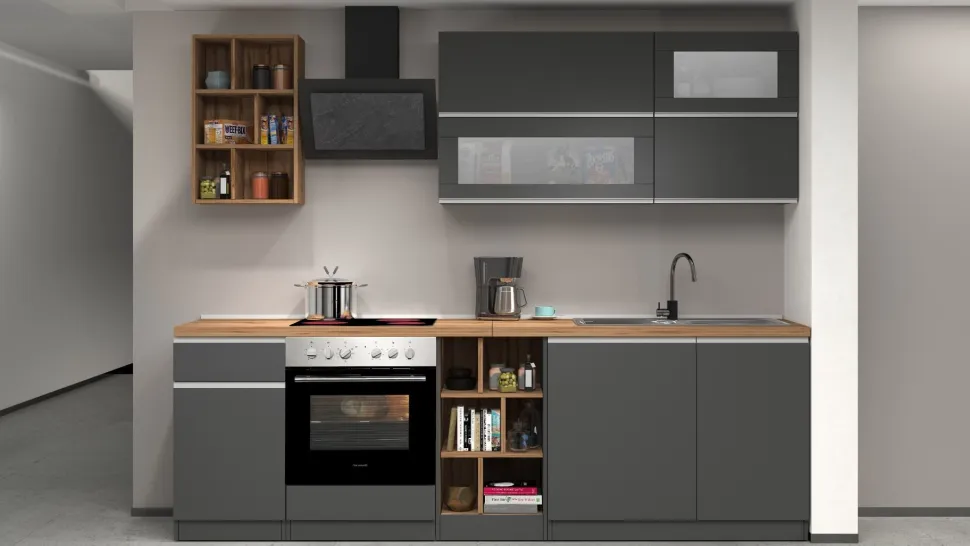Cucina lineare moderna con maniglie a incasso in allumino Luis in finitura Antracite Opaco e Rovere