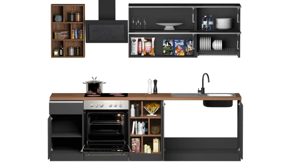 Cucina lineare moderna con maniglie a incasso in allumino Luis in finitura Antracite Opaco e Rovere