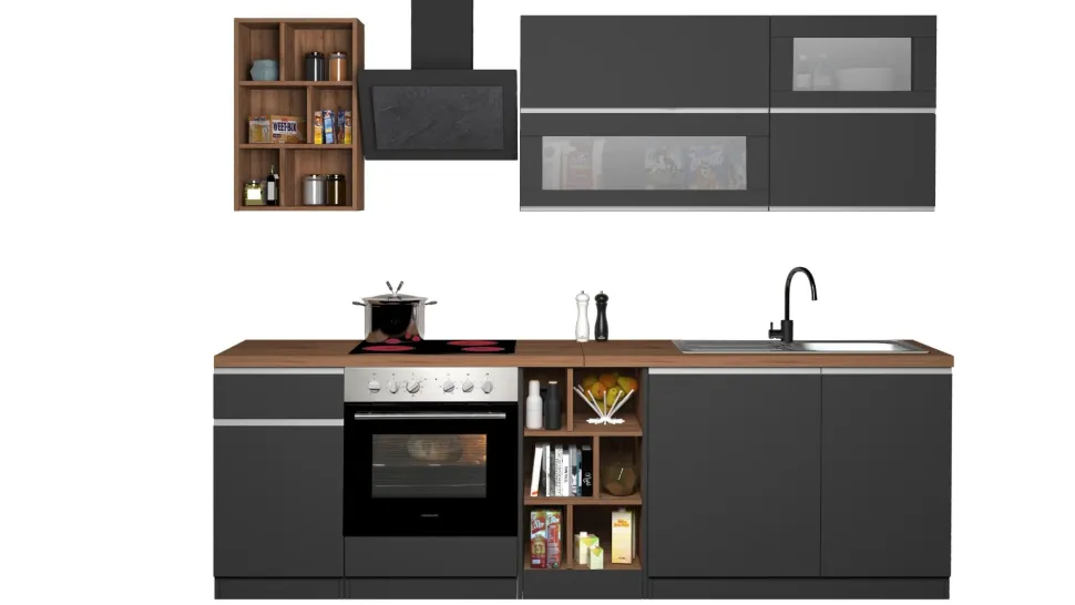 Cucina lineare moderna con maniglie a incasso in allumino Luis in finitura Antracite Opaco e Rovere