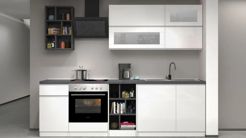 Cucina lineare moderna con maniglie a incasso in allumino Luis in finitura Bianco Lucido e Ardesia