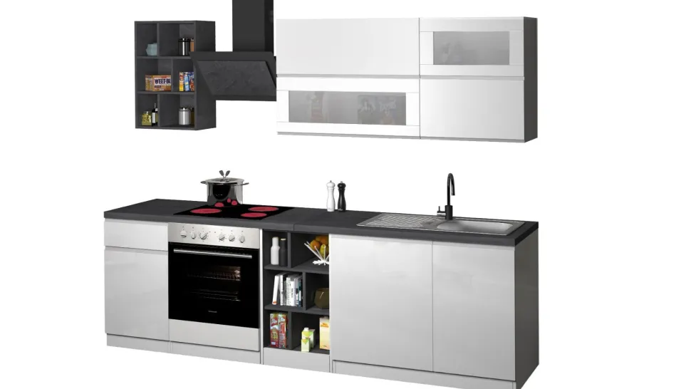 Cucina lineare moderna con maniglie a incasso in allumino Luis in finitura Bianco Lucido e Ardesia