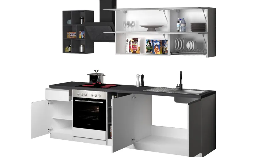 Cucina lineare moderna con maniglie a incasso in allumino Luis in finitura Bianco Lucido e Ardesia