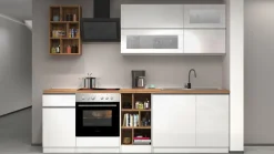 Cucina lineare moderna con maniglie a incasso in allumino Luis in finitura Bianco Lucido e Rovere