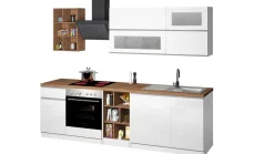 Cucina lineare moderna con maniglie a incasso in allumino Luis in finitura Bianco Lucido e Rovere