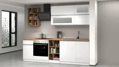 Cucina lineare moderna con maniglie a incasso in allumino Luis in finitura Bianco Lucido e Rovere