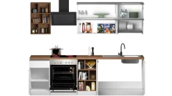 Cucina lineare moderna con maniglie a incasso in allumino Luis in finitura Bianco Lucido e Rovere