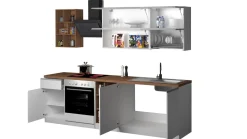 Cucina lineare moderna con maniglie a incasso in allumino Luis in finitura Bianco Lucido e Rovere