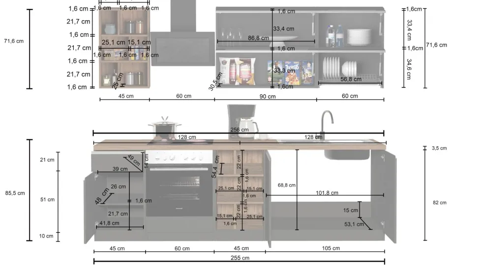 Cucina lineare moderna con maniglie a incasso in allumino Luis in finitura Bianco Lucido e Rovere