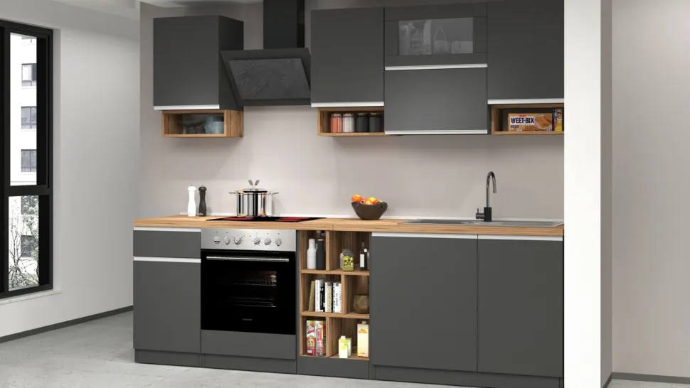 Cucina lineare moderna con maniglie a incasso in allumino Sendy in finitura Antracite Opaco e Rovere