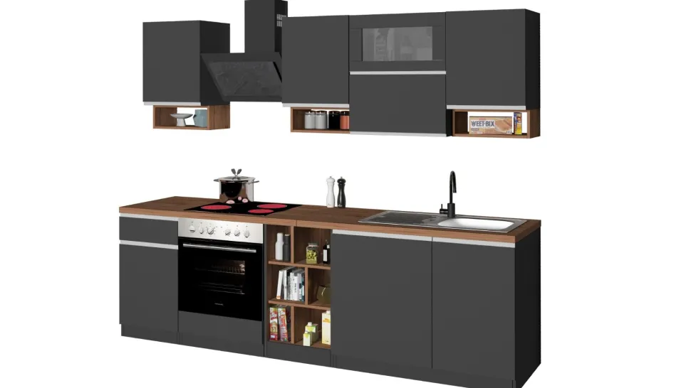 Cucina lineare moderna con maniglie a incasso in allumino Sendy in finitura Antracite Opaco e Rovere
