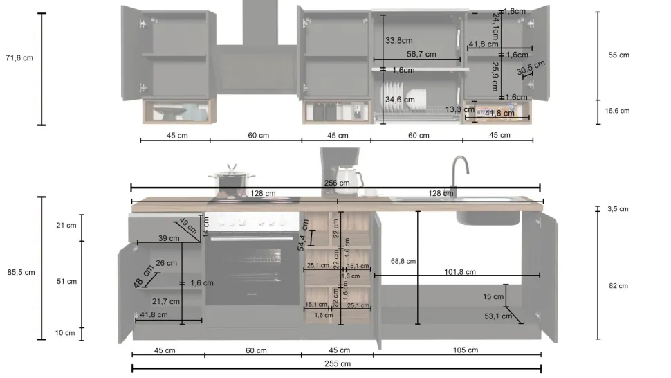 Cucina lineare moderna con maniglie a incasso in allumino Sendy in finitura Antracite Opaco e Rovere