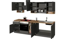 Cucina lineare moderna con maniglie a incasso in allumino Sendy in finitura Antracite Opaco e Rovere