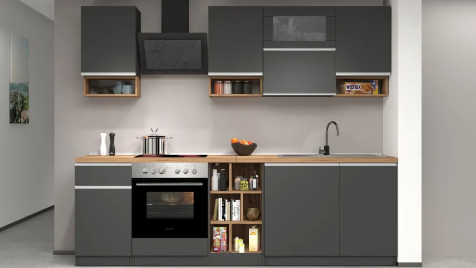 Cucina lineare moderna con maniglie a incasso in allumino Sendy in finitura Antracite Opaco e Rovere
