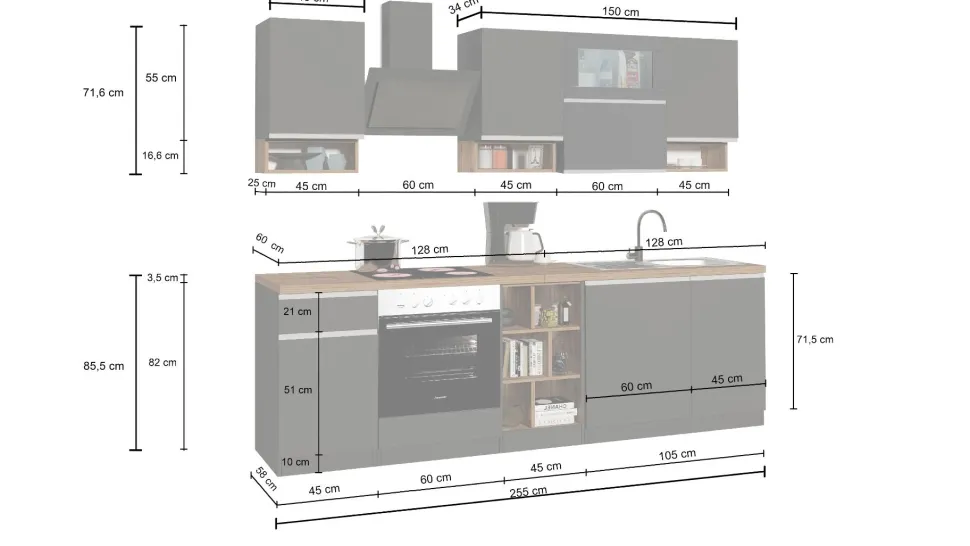 Cucina lineare moderna con maniglie a incasso in allumino Sendy in finitura Bianco Lucido e Ardesia