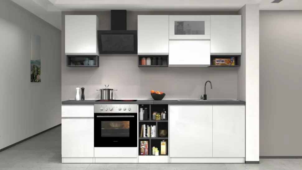 Cucina lineare moderna con maniglie a incasso in allumino Sendy in finitura Bianco Lucido e Ardesia
