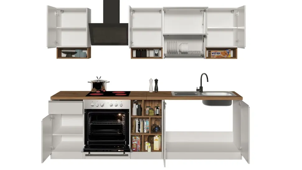 Cucina lineare moderna con maniglie a incasso in allumino Sendy in finitura Bianco Lucido e Rovere