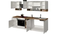 Cucina lineare moderna con maniglie a incasso in allumino Sendy in finitura Bianco Lucido e Rovere
