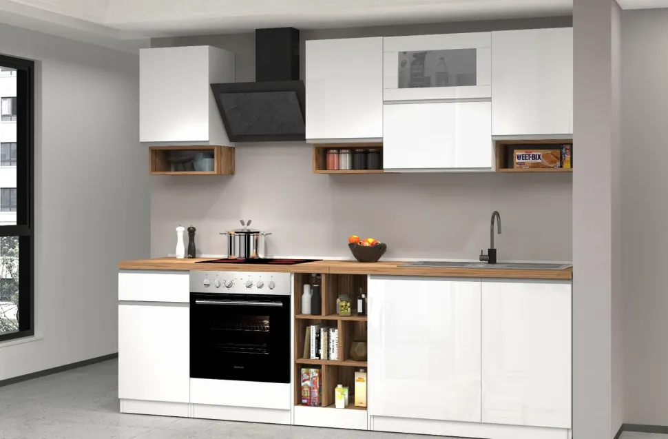 Cucina lineare moderna con maniglie a incasso in allumino Sendy in finitura Bianco Lucido e Rovere