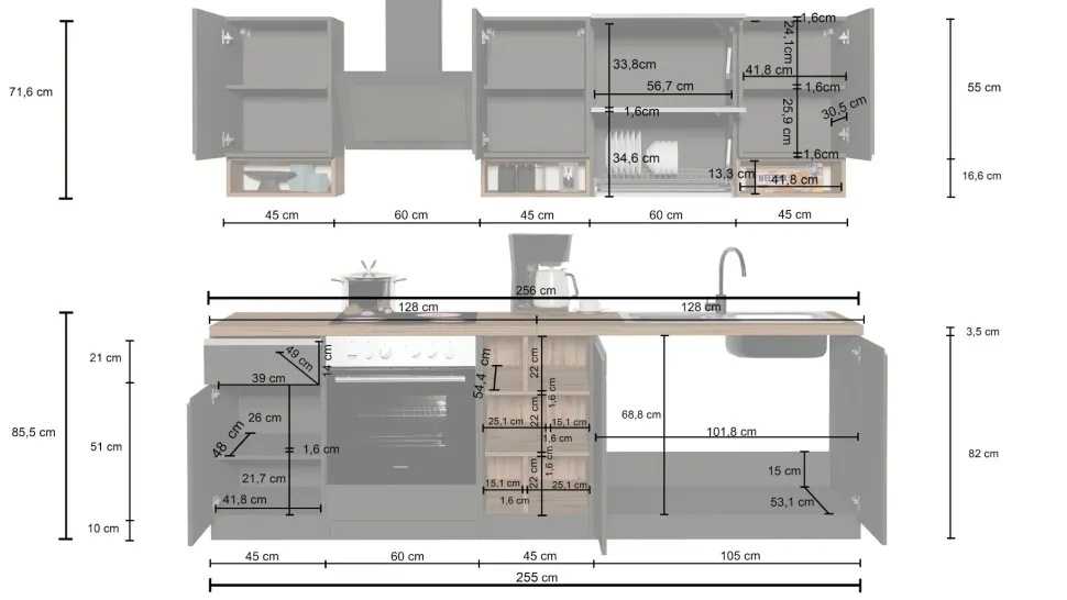 Cucina lineare moderna con maniglie a incasso in allumino Sendy in finitura Bianco Lucido e Rovere