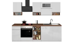 Cucina lineare moderna con maniglie a incasso in allumino Sendy in finitura Bianco Lucido e Rovere