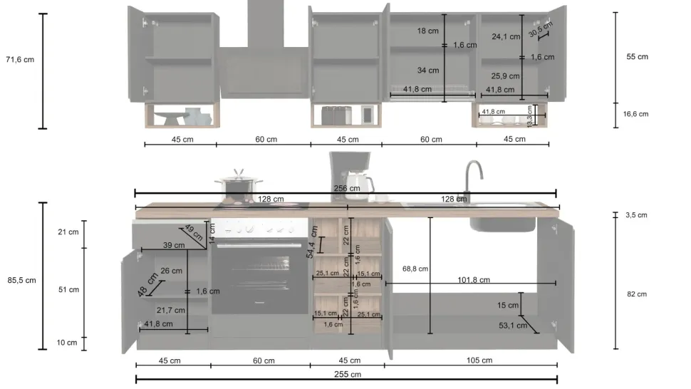 Cucina lineare moderna con maniglie a incasso in allumino Zenit in finitura Antracite Opaco e Ardesia