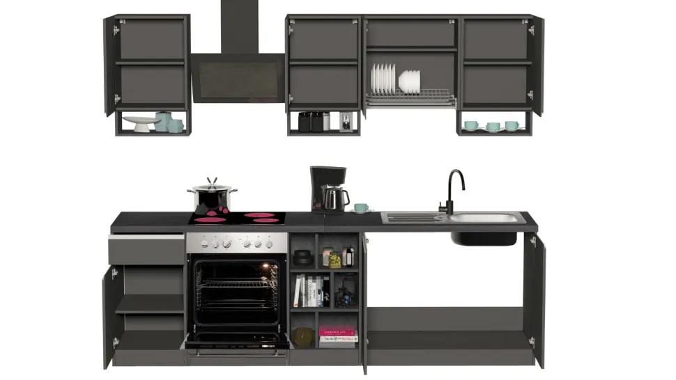 Cucina lineare moderna con maniglie a incasso in allumino Zenit in finitura Antracite Opaco e Ardesia