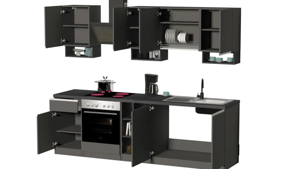 Cucina lineare moderna con maniglie a incasso in allumino Zenit in finitura Antracite Opaco e Ardesia