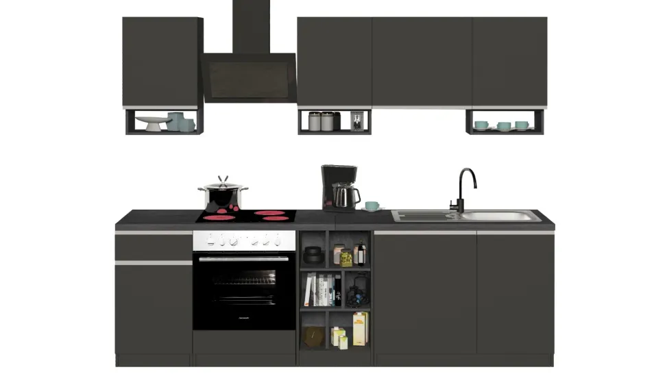Cucina lineare moderna con maniglie a incasso in allumino Zenit in finitura Antracite Opaco e Ardesia