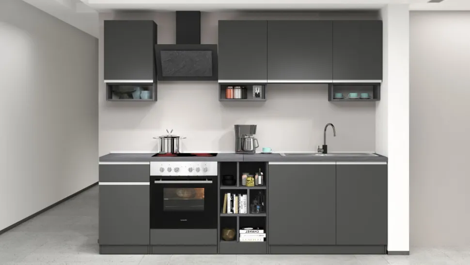 Cucina lineare moderna con maniglie a incasso in allumino Zenit in finitura Antracite Opaco e Ardesia
