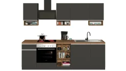 Cucina lineare moderna con maniglie a incasso in allumino Zenit in finitura Antracite Opaco e Rovere