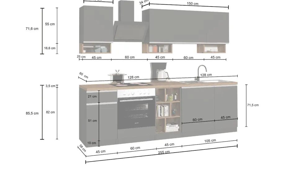 Cucina lineare moderna con maniglie a incasso in allumino Zenit in finitura Antracite Opaco e Rovere