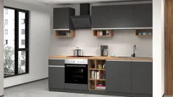 Cucina lineare moderna con maniglie a incasso in allumino Zenit in finitura Antracite Opaco e Rovere