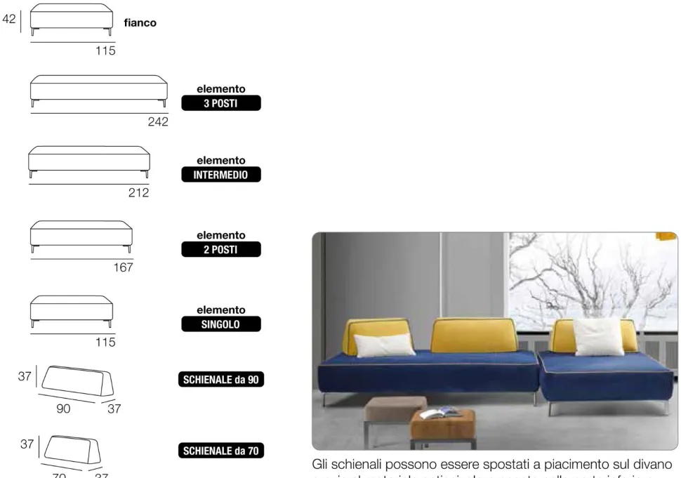 Divano CAPRI componibile imbottito disponibile in diversi tessuti
