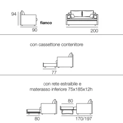 Divano DALILA trasformabile con materasso disponibile in diversi tessuti