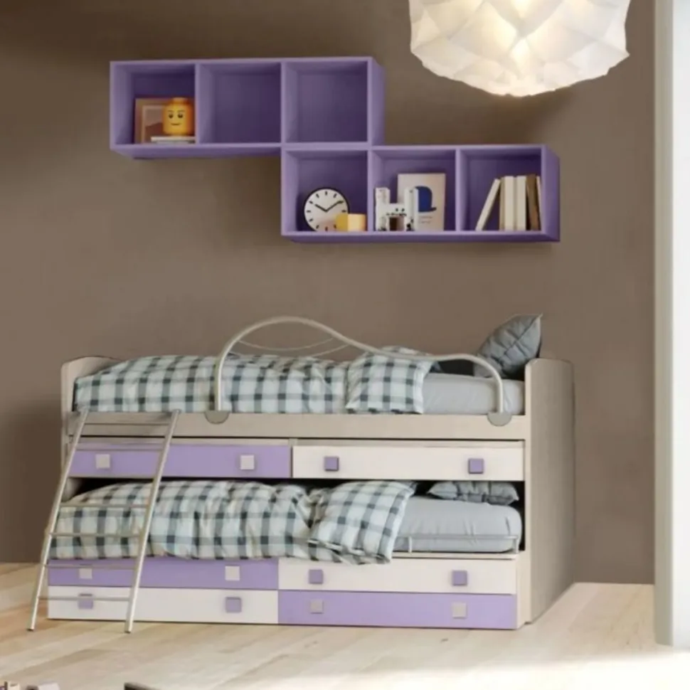 Divano letto con scrittoi estraibili 2 posti letto Smart linea Fly finitura Nuvola Frassino, Malva e Bianco