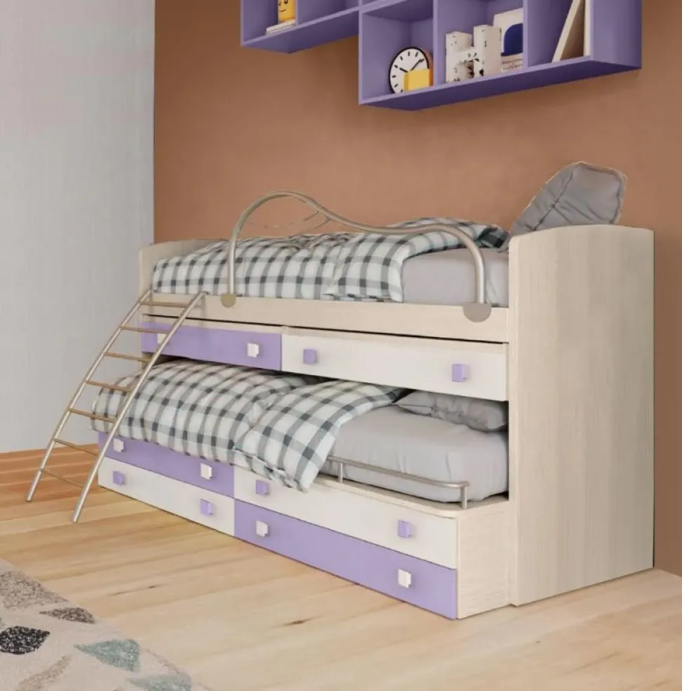 Divano letto con scrittoi estraibili 2 posti letto Smart linea Fly finitura Nuvola Frassino, Malva e Bianco