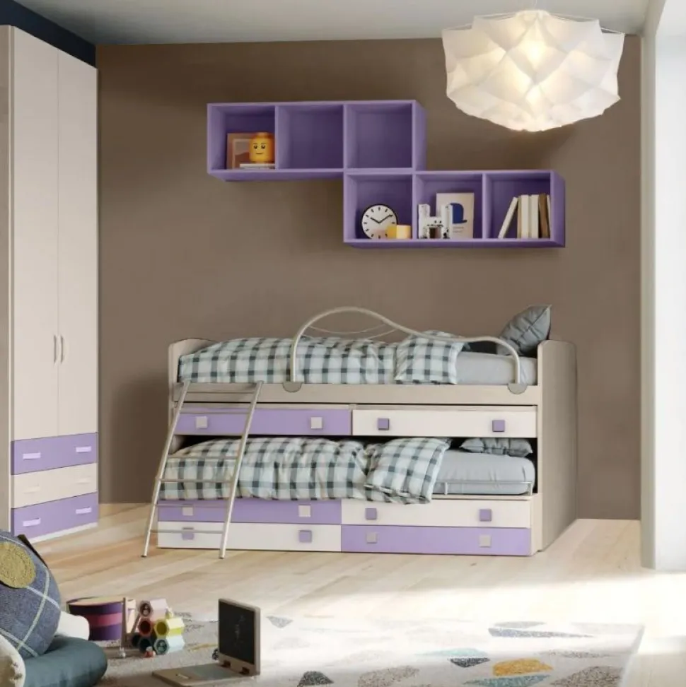 Divano letto con scrittoi estraibili 2 posti letto Smart linea Fly finitura Nuvola Frassino, Malva e Bianco