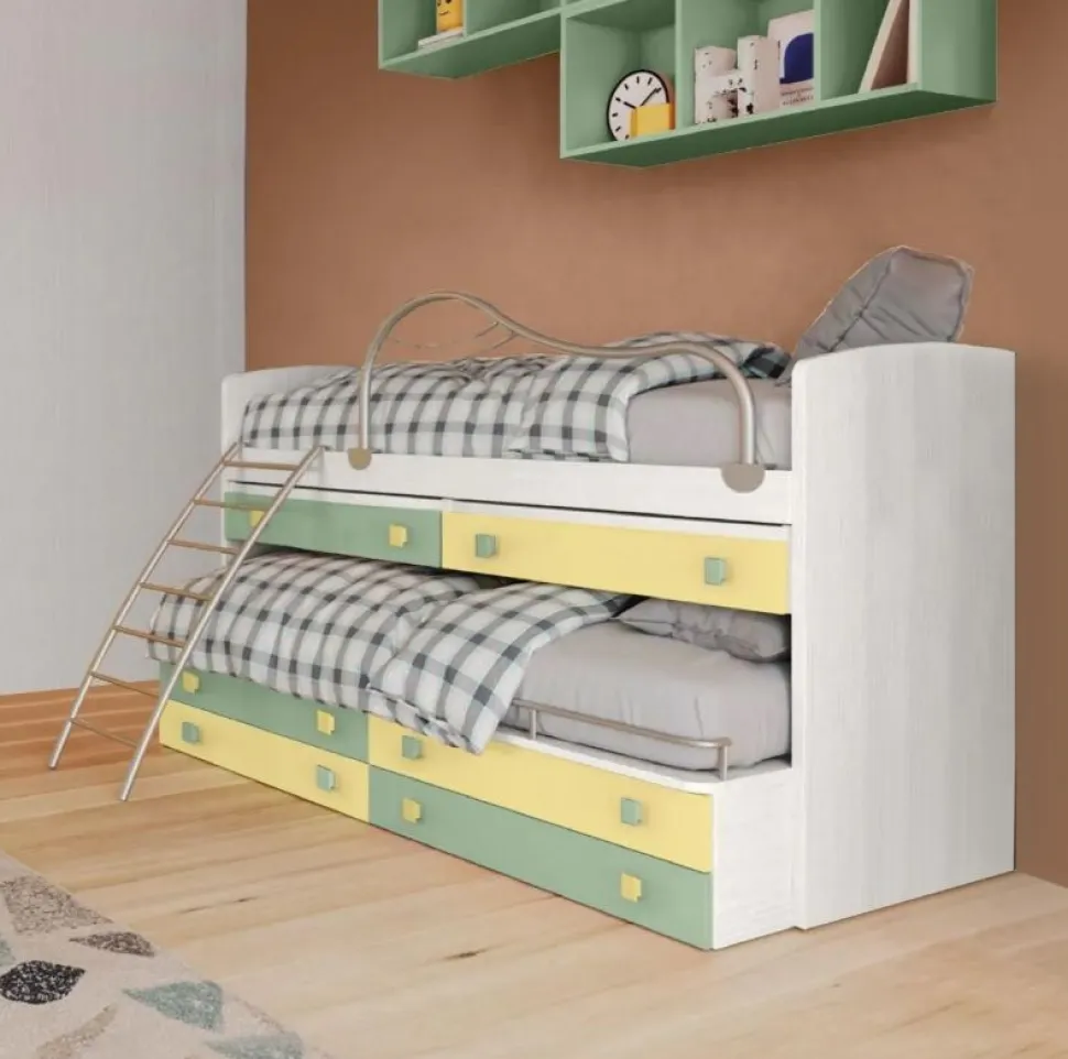 Divano letto con scrittoi estraibili 2 posti letto Smart linea Fly finitura Nuvola Frassino, Salvia e Giallo