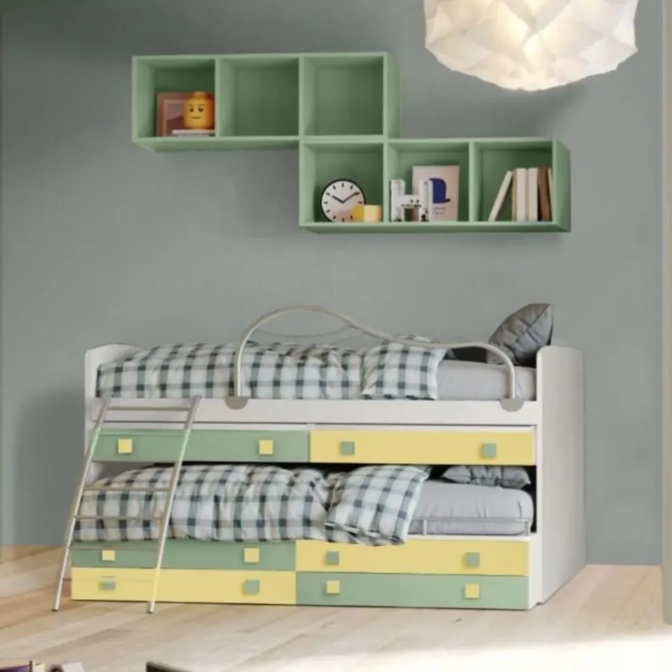 Divano letto con scrittoi estraibili 2 posti letto Smart linea Fly finitura Nuvola Frassino, Salvia e Giallo