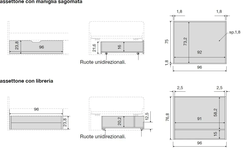 Divano Letto singolo con cassettoni e vano a giorno Grigio cenere disponibile in vari colori