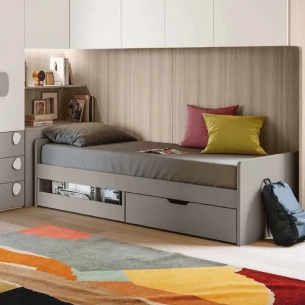 Divano Letto singolo con cassettoni e vano a giorno Grigio cenere disponibile in vari colori