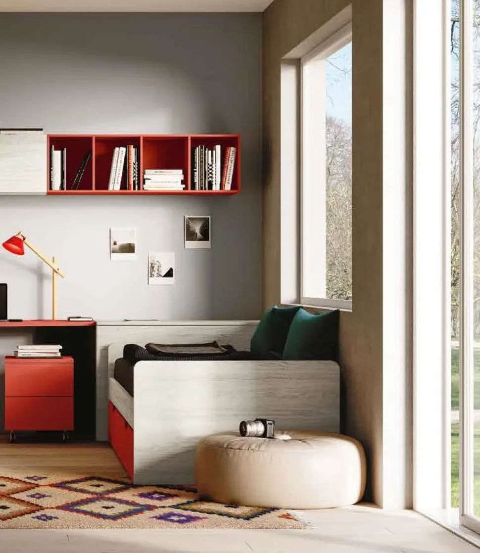 Divano Letto singolo con rete estraibile salvaspazio Bianco e Olmo natura disponibile in vari colori
