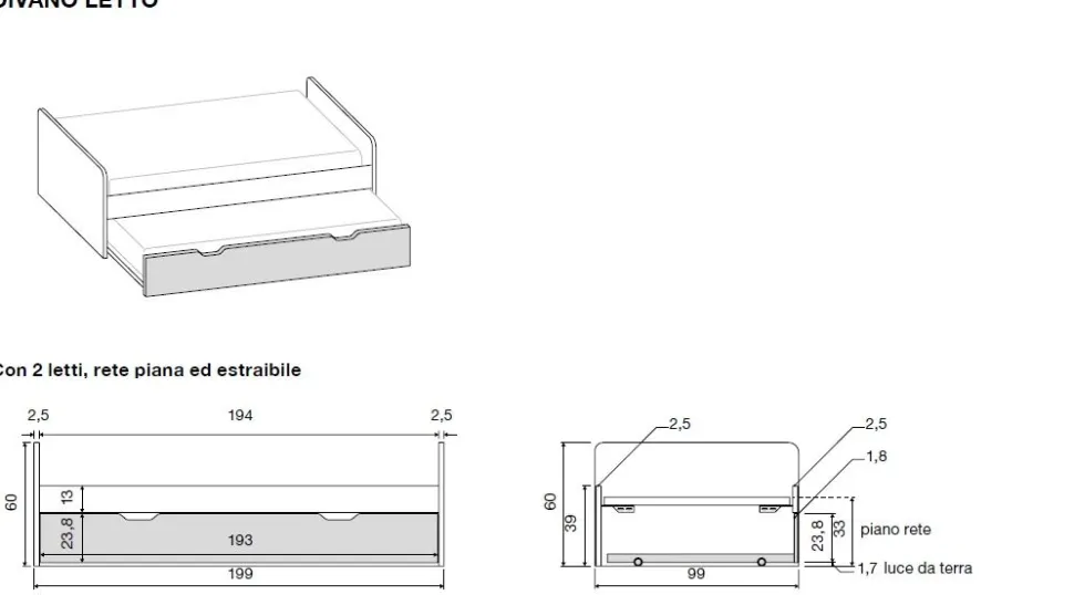 Divano Letto singolo con rete estraibile salvaspazio Bianco e Olmo natura disponibile in vari colori