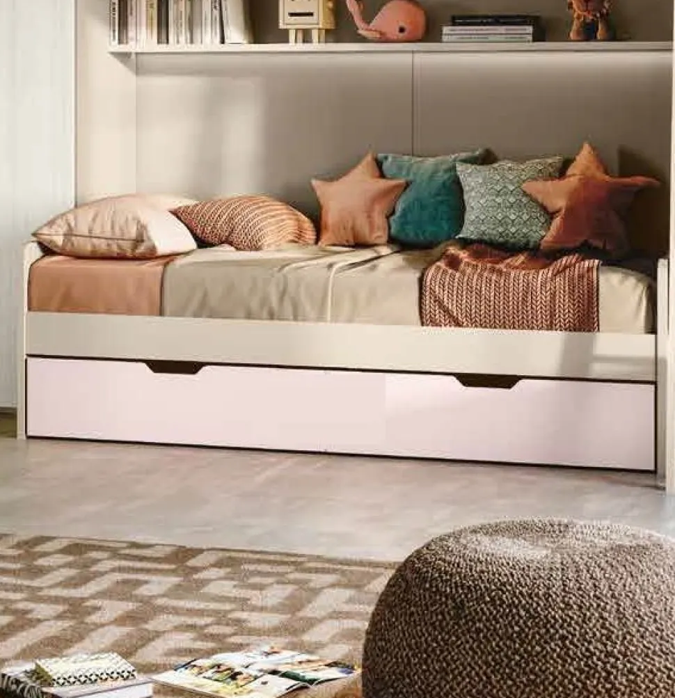 Divano Letto singolo con rete estraibile salvaspazio Bianco e Olmo natura disponibile in vari colori