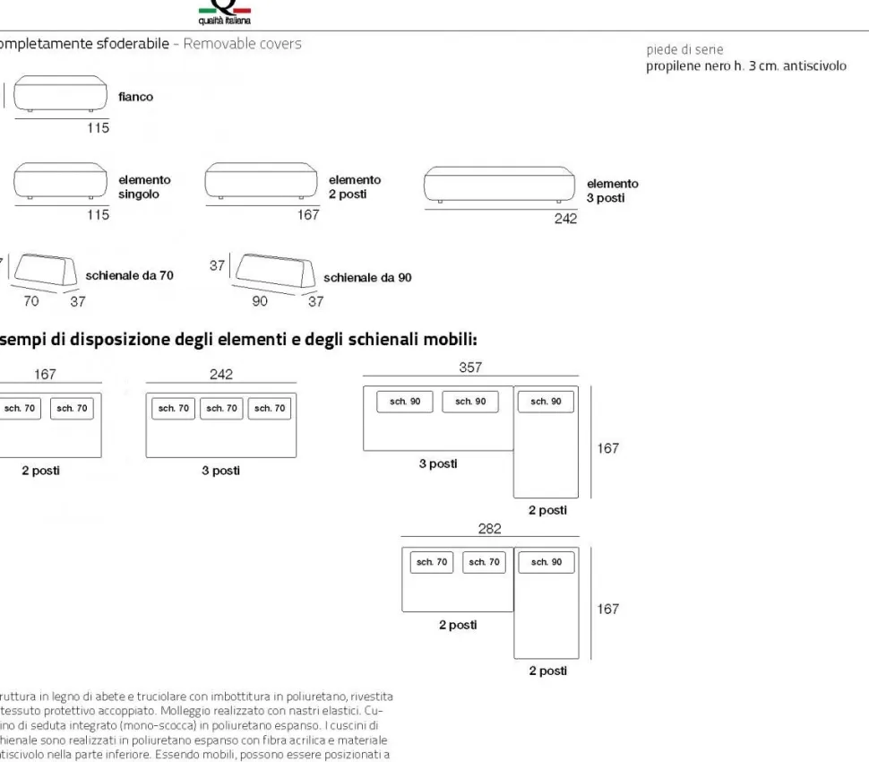 Divano MADRID componibile imbottito disponibile in diversi tessuti SFODERABILE