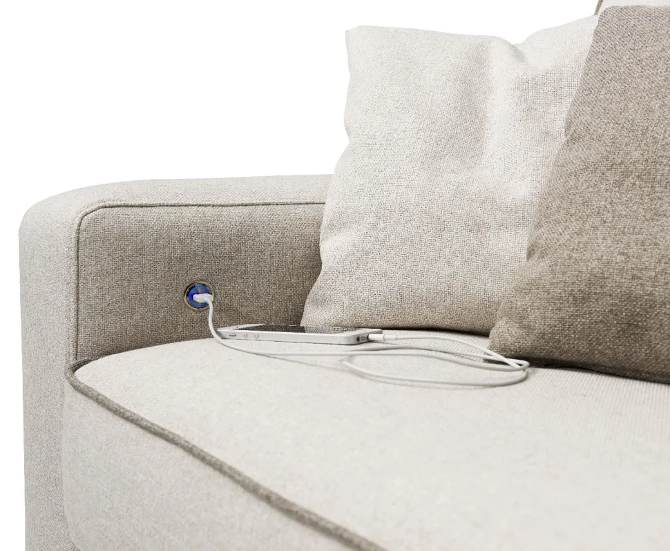 Divano MAURA componibile imbottito disponibile in diversi tessuti e colori con presa USB