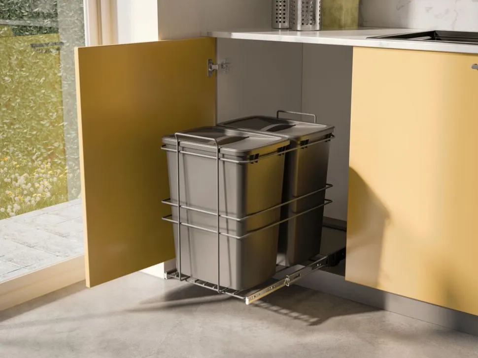 Doppia pattumiera estraibile con apertura manuale per il montaggio sul fondo dei cassetti Recycle 2x35lt