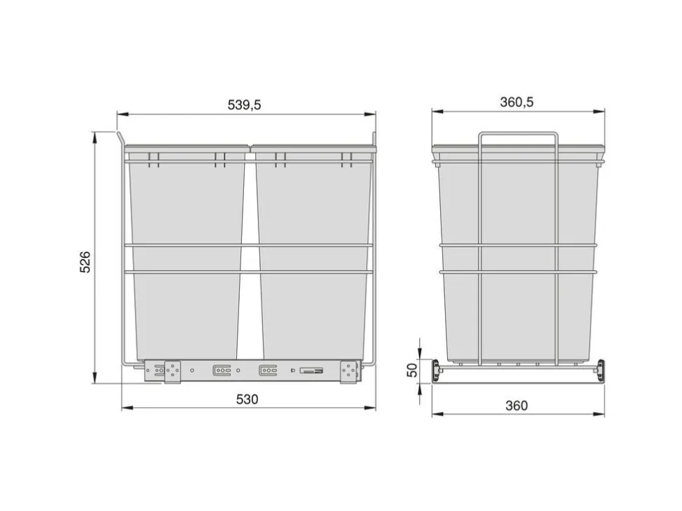 Doppia pattumiera estraibile con apertura manuale per il montaggio sul fondo dei cassetti Recycle 2x35lt